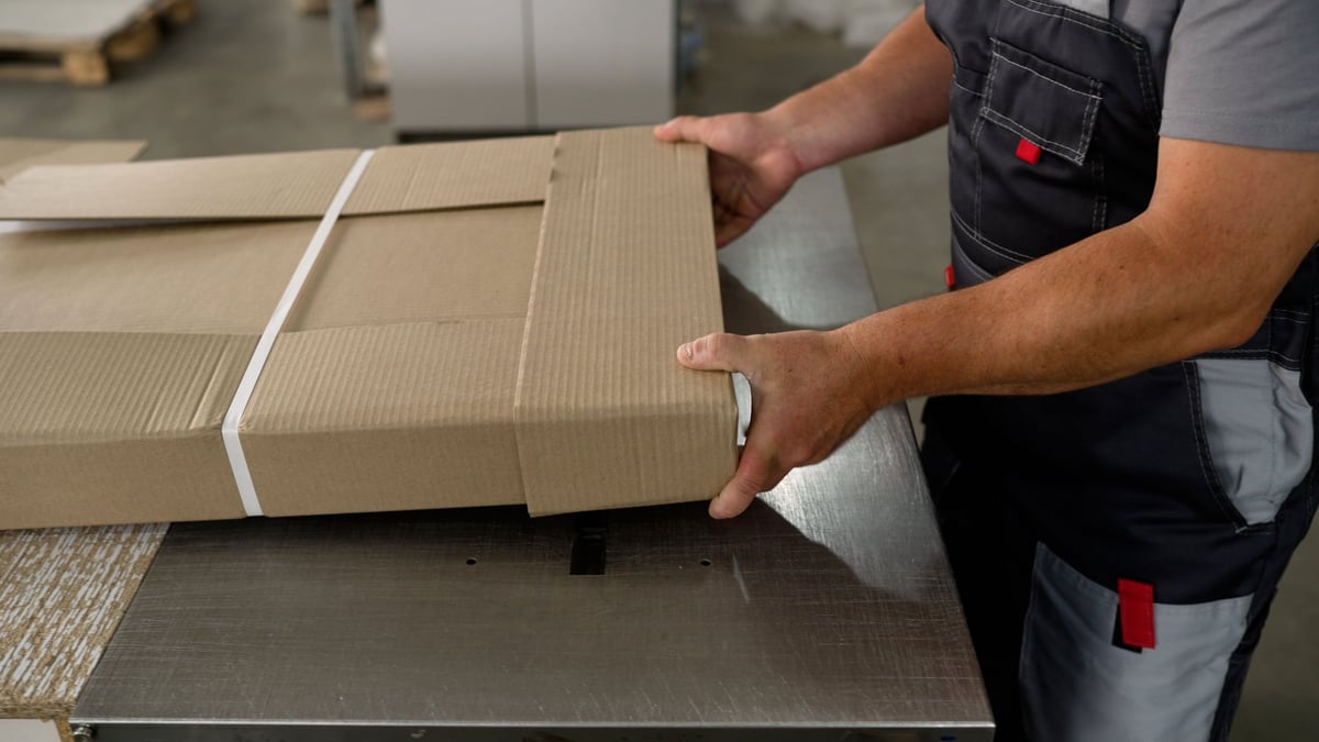 Worker securing cardboard package with strapping machine