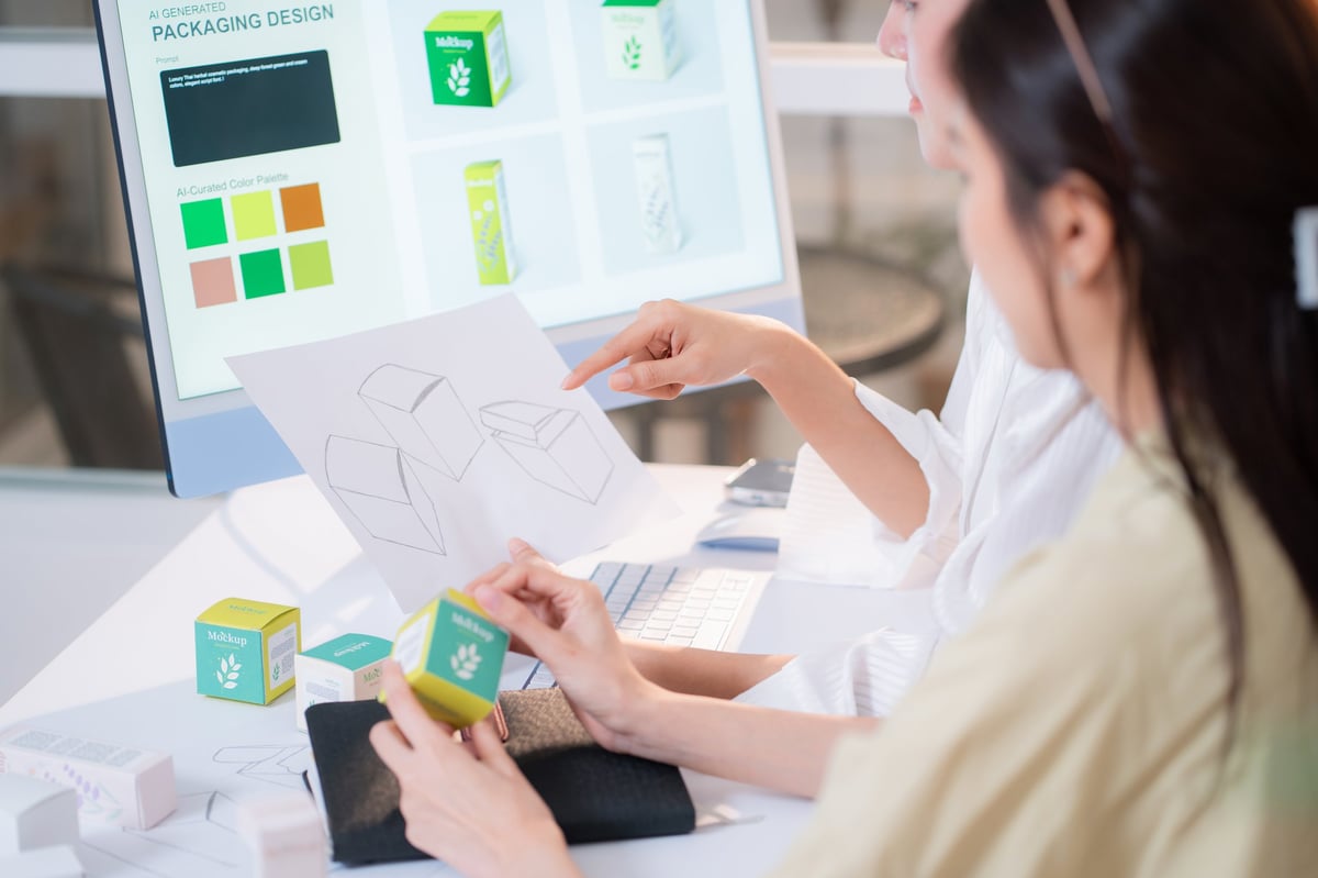 Designers analyzing a product packaging prototype