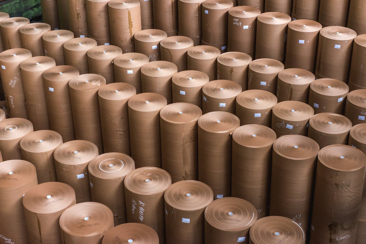 Kraft paper rolls stored in a paper mill